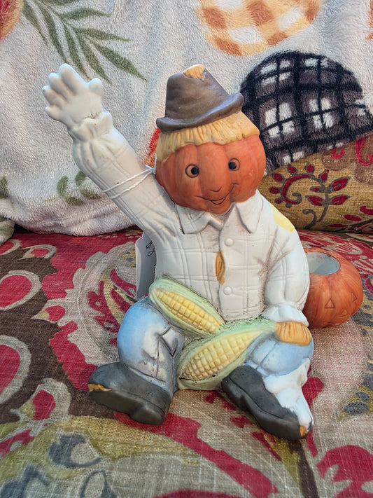 Vintage Halloween Waving Scarecrow Pumpkin Ceramic Candle Holder 5.5"