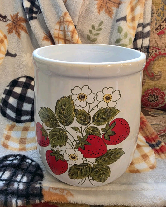 VTG McCoy USA Strawberry Fields Country L Crock Cookie Jar Utensil Holder w/Lid