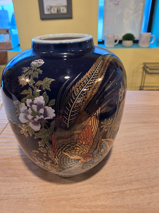 Vintage Oriental Cobalt Blue Porcelain Pheasant Floral Bud Vase Japan 5" x 4.5"